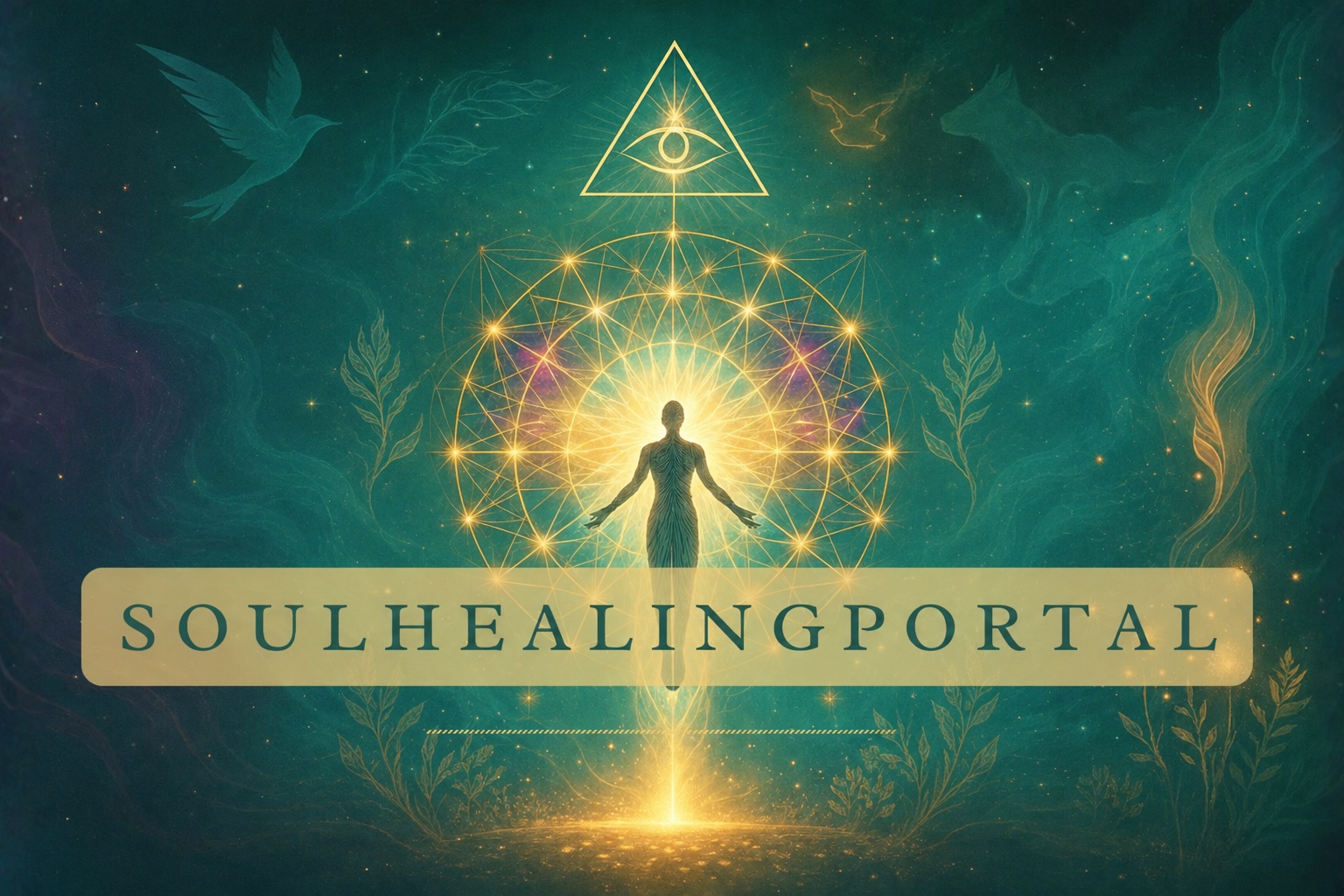 Soul Healing Portal: a luminous figure within a geometric halo beneath an all-seeing eye, on a deep teal background
